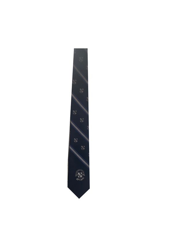 Silk Tie - Shields With  Academic Crest- Navy/Blue/Grey Stripe