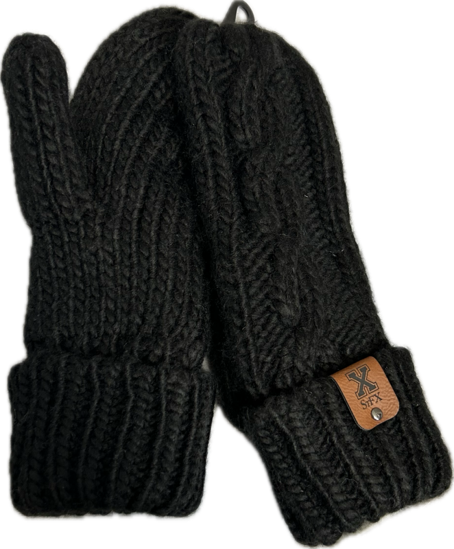 Cable Cuff Knit Mittens- Leather Tab